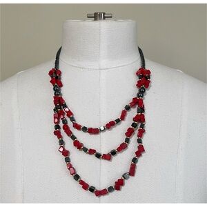 Vintage Hematite & Coral Beaded Layered Necklace 11”